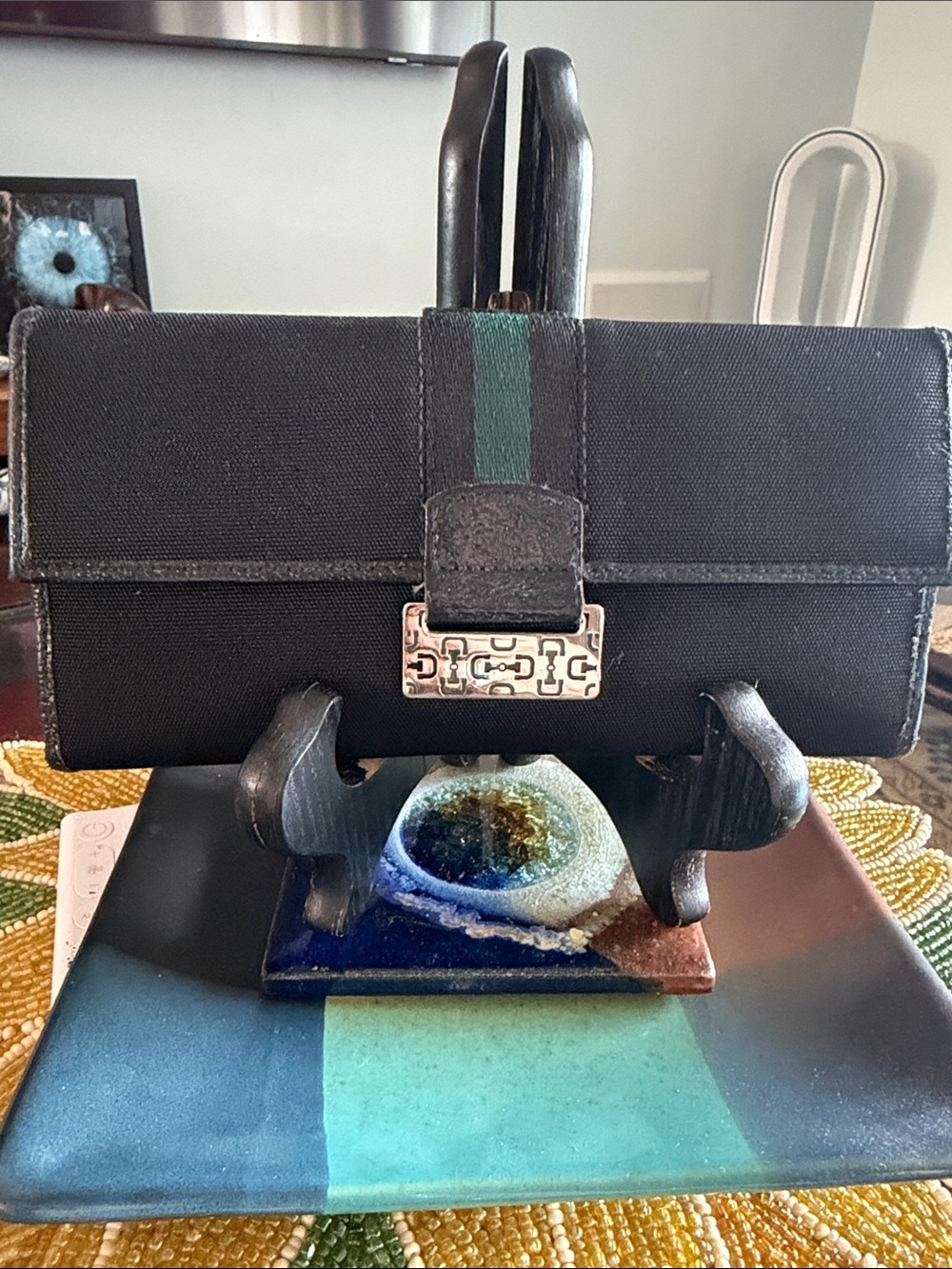 Vintage Gucci Black Canvas & Leather Horsebit Long Wallet Clutch Made in Italy